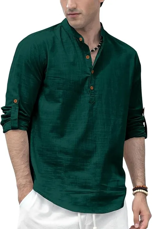 Zombom Men's Solid Cotton Blend Straight Kurta Shirt, Regular Fit Full Sleeve Short Kurta Shirt