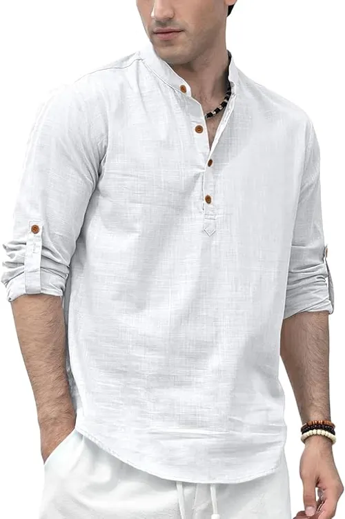 Zombom Men's Solid Cotton Blend Straight Kurta Shirt, Regular Fit Full Sleeve Short Kurta Shirt